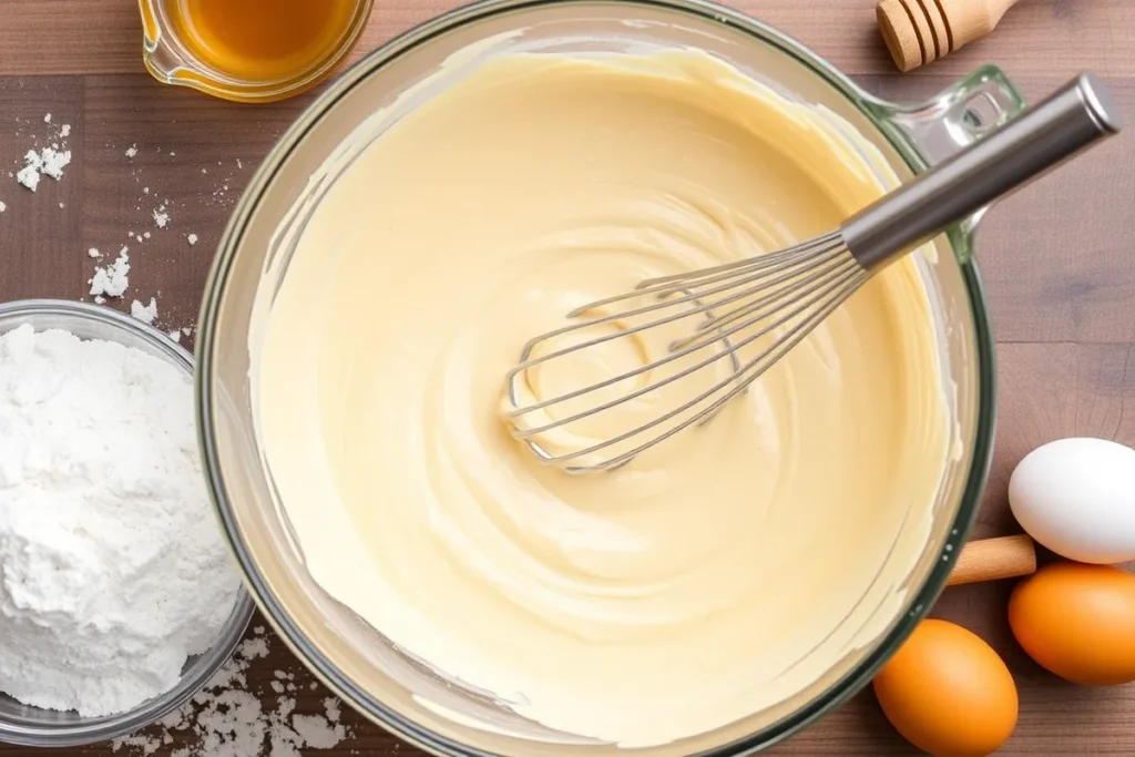 Mixing the cake batter for the Bee Themed Honey Cake in a large bowl