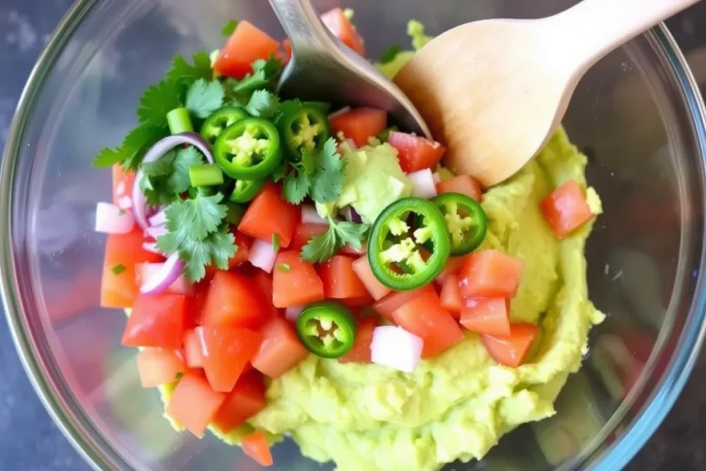 A bowl of mashed avocado mixed with colorful ingredients like tomatoes, onions, and cilantro for guacamole