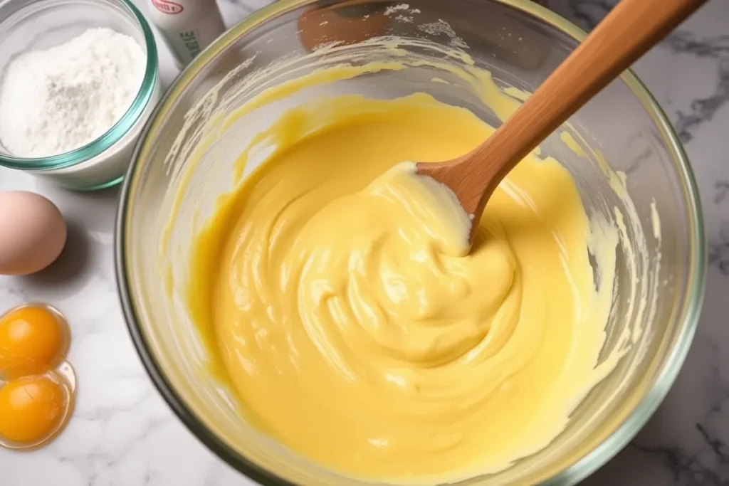 Mixing smooth, creamy batter for Honey Bun Cake in a large bowl