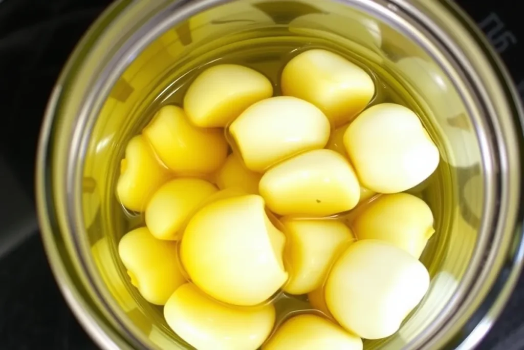 Fresh garlic cloves added to a jar of honey, starting the fermentation process