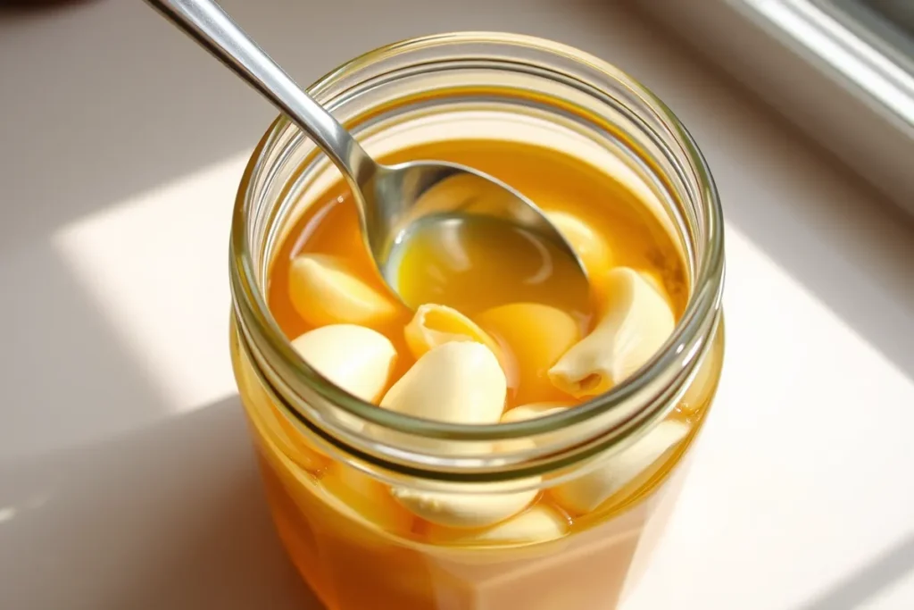 Fresh garlic cloves added to a jar of honey, starting the fermentation process