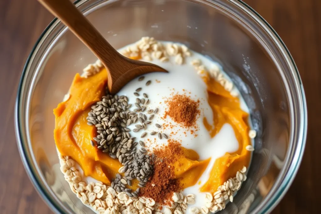 Ingredients for pumpkin spice overnight oats being mixed in a glass bowl, showing oats, pumpkin puree, chia seeds, and almond milk