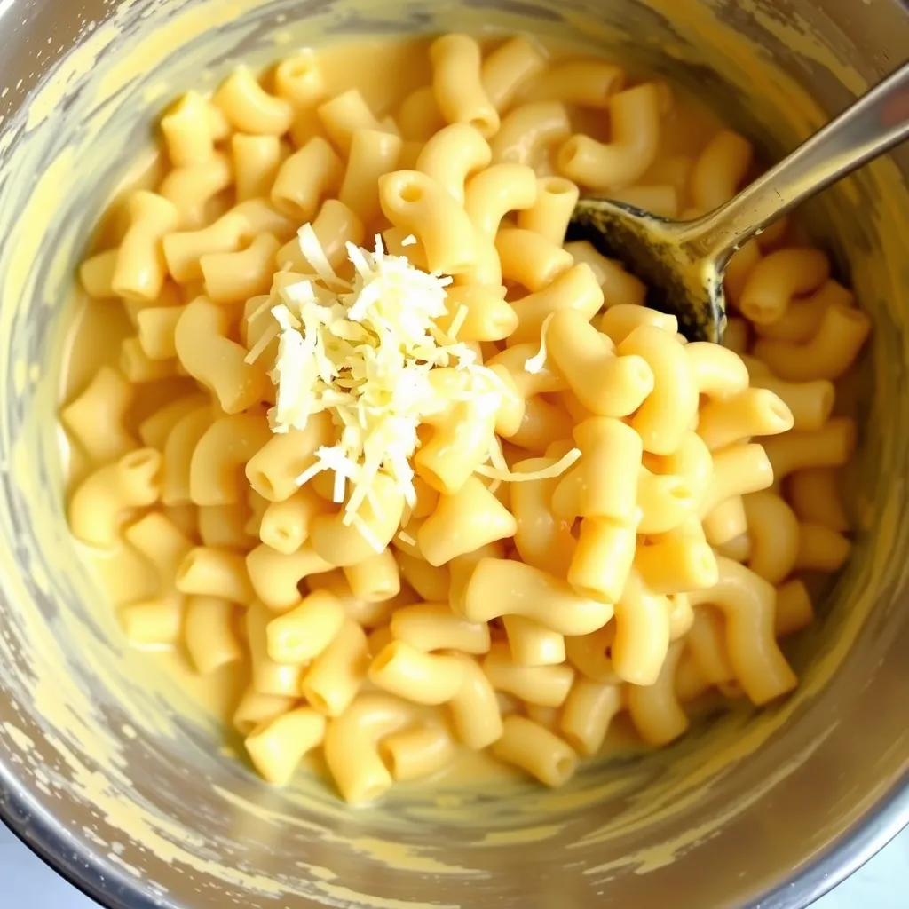 Cooked elbow macaroni being mixed into a rich, creamy cheese sauce for a quick mac and cheese recipe