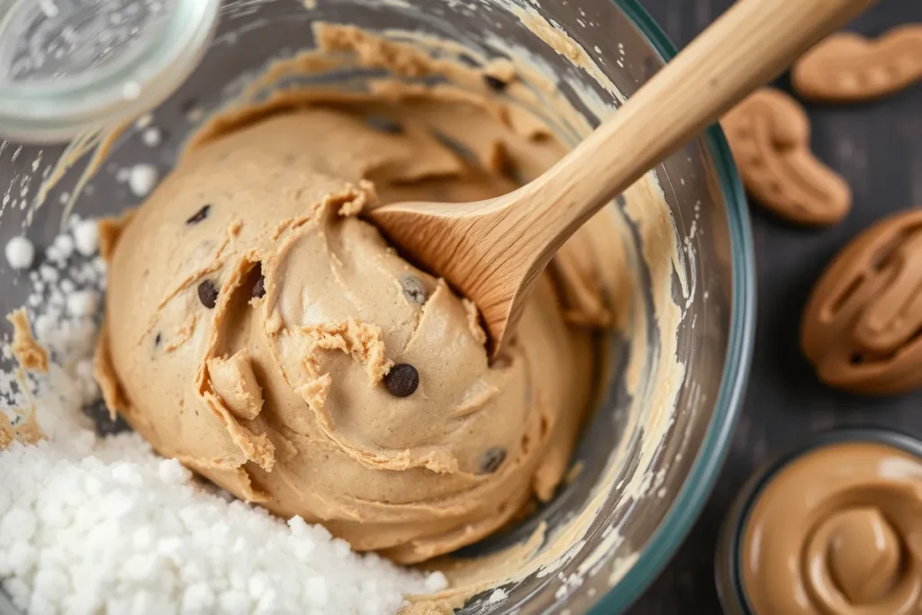 A mixing bowl with cookie dough for Spider Cookies, showcasing peanut butter, flour, and sugar.

