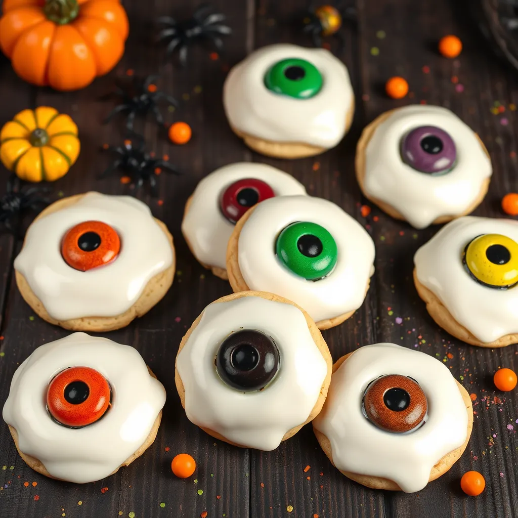 "Delicious Monster Eyeball Cookies with glossy white icing, colorful irises, and chocolate pupils, presented on a rustic wooden table with Halloween decorations like mini pumpkins and spiders."

