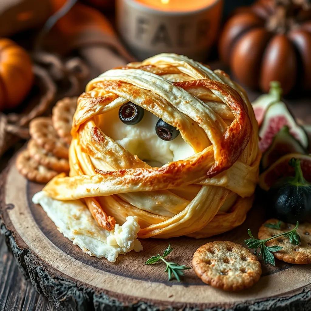 A Mummy Brie wrapped in golden puff pastry with olive eyes, served on a wooden board surrounded by crackers and fresh figs, presented in a warm and cozy Halloween-themed setting.