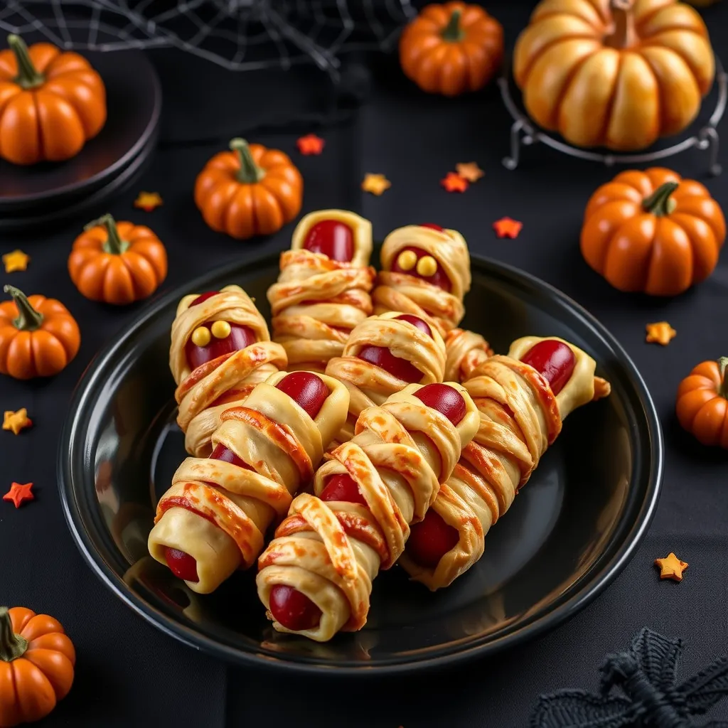 Professional presentation of Mummy Hot Dogs on a black platter, wrapped in golden crescent roll dough with mustard eyes, surrounded by Halloween decorations including pumpkins and spider webs