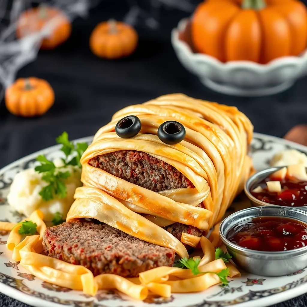 Mummy Meatloaf shaped like a mummy with puff pastry bandages, garnished with parsley and served with mashed potatoes and cranberry sauce, set against a Halloween-themed backdrop