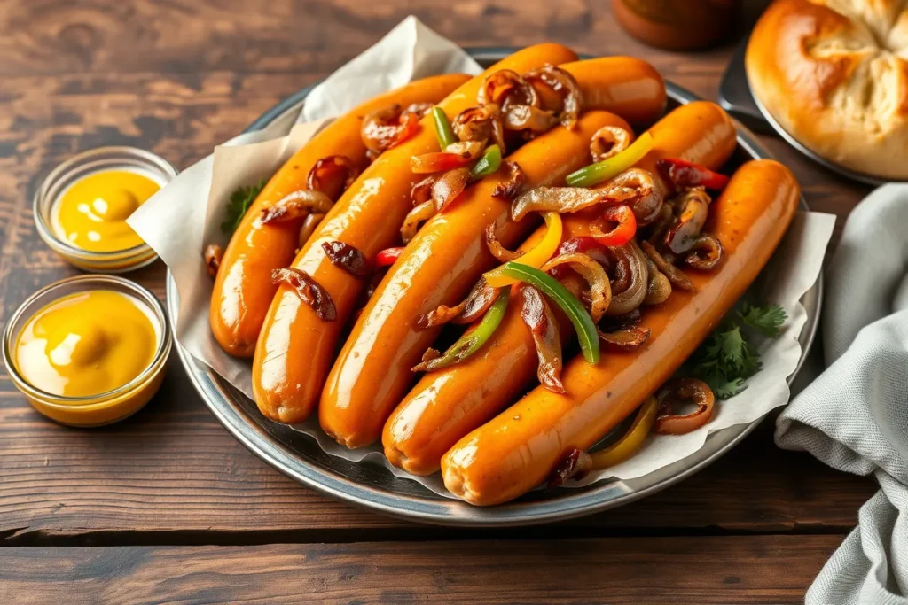 Perfectly baked bratwurst sausages with caramelized onions and bell peppers, served on a platter