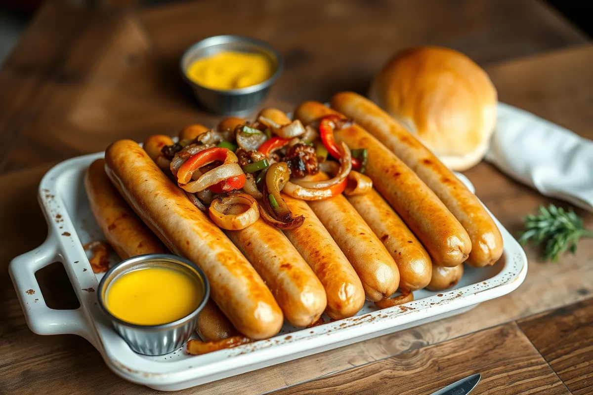 Perfectly baked bratwurst sausages with caramelized onions and bell peppers, served on a platter