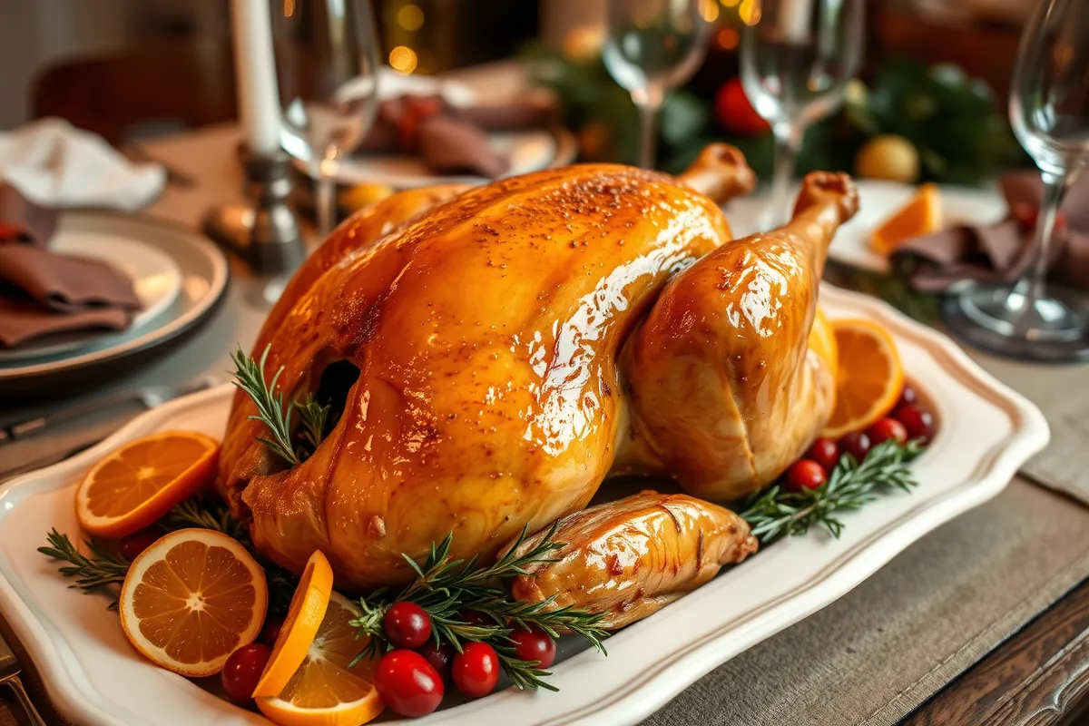 A golden-brown Thanksgiving turkey on a white serving platter, garnished with rosemary, cranberries, and orange slices, set on a rustic holiday table ( turkey recipe )