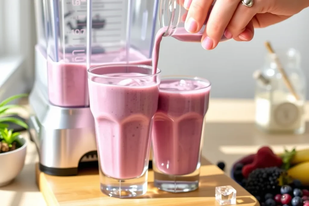 Bee’s Breakfast Buzz Smoothie being poured into glasses, showcasing a creamy purple texture from blueberries and banana