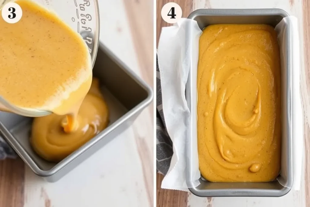 Pumpkin bread batter being poured into a greased loaf pan ready for baking