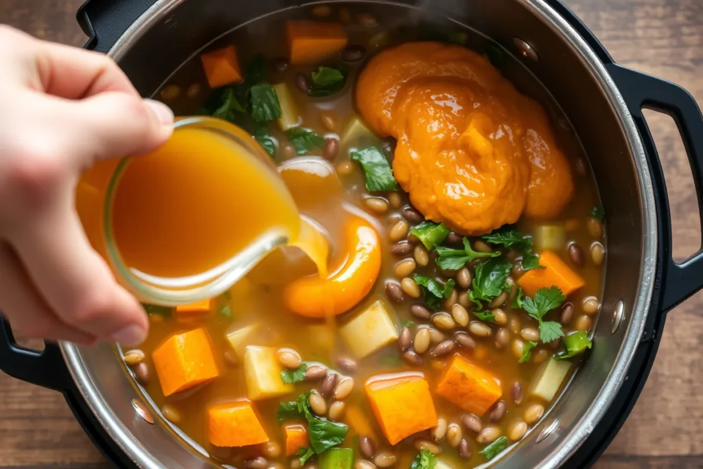 Pouring vegetable broth and pumpkin purée into a pot with vegetables and lentils to create the base of the Monster Mash Soup Recipe