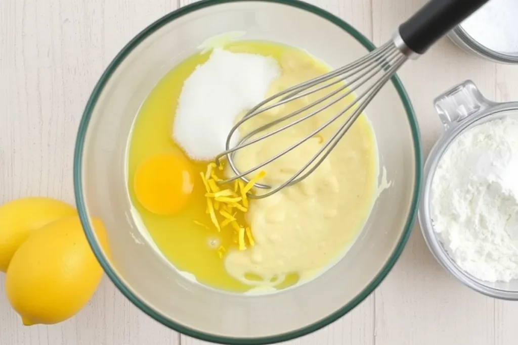 Whisking lemon juice, zest, honey, and eggs to make the filling for Bee’s Knees Lemon Bars