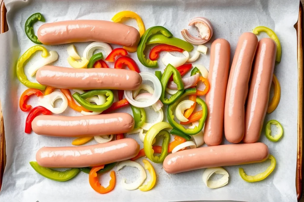 Bratwurst sausages with sliced onions and bell peppers placed on a parchment-lined baking sheet, ready to bake.