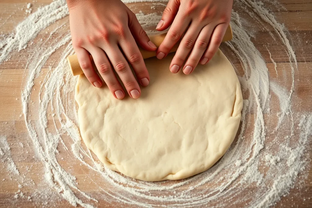 Hand rolling out dough on a floured surface for Jack-o'-Lantern hand pies, shaping it into a smooth, even layer.