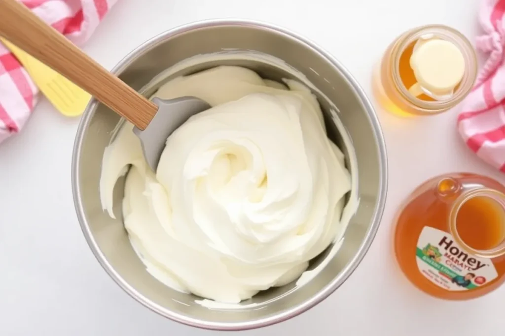 Creamy honey buttercream frosting ready for the Bee Themed Honey Cake.

