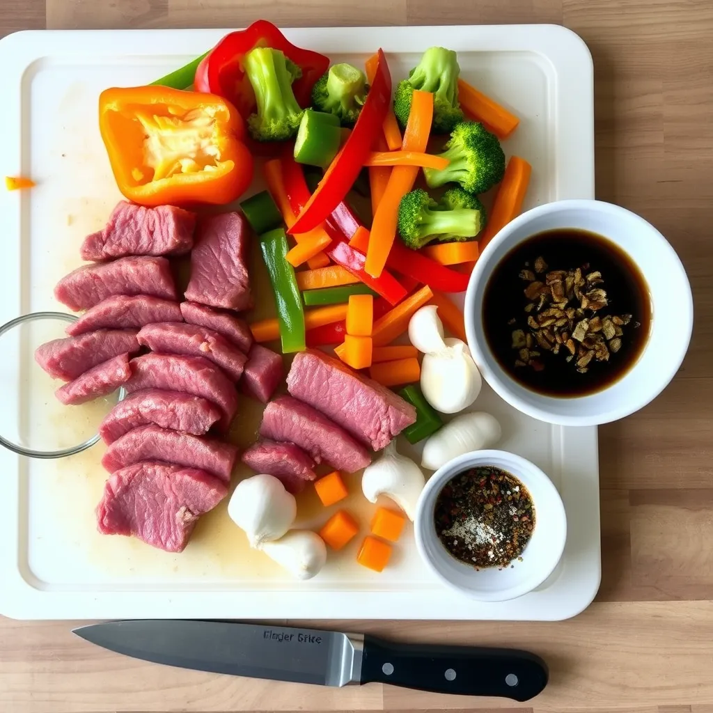 Gathering fresh ingredients: sliced beef, colorful bell peppers, broccoli, garlic, and carrots, ready for a quick and delicious stir-fry