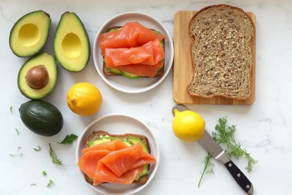 Ingredients for Smoked Salmon Avocado Toast laid out on a countertop, featuring avocados, smoked salmon, bread, and lemon