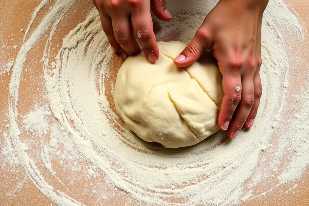 Preparing the pizza dough by kneading it on a floured surface for Bee Sting Spicy Pizza