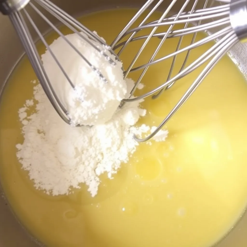 Butter and flour being whisked together to form a roux, the base for a creamy mac and cheese sauce