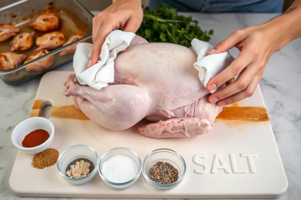 Butter and Season the Turkey "A raw turkey on a countertop being brushed with melted butter, surrounded by fresh herbs, garlic cloves, and salt, ready for seasoning."