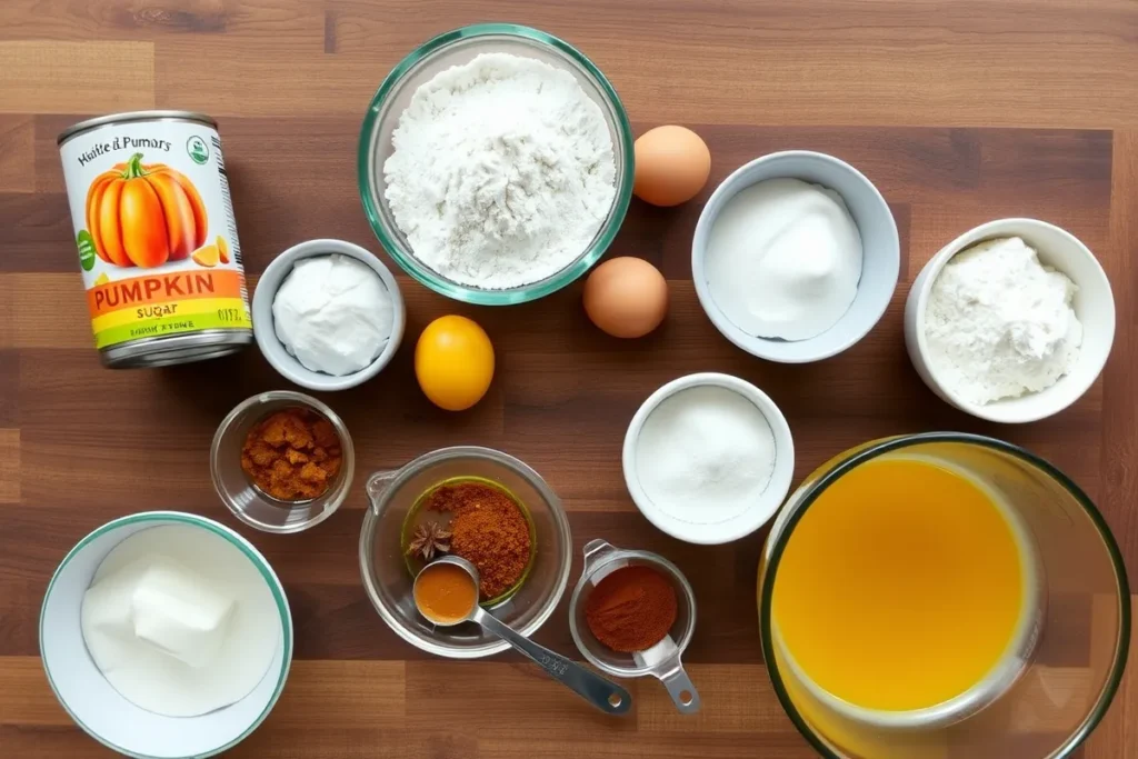 Ingredients for making pumpkin bread, including flour, sugar, eggs, cinnamon, nutmeg, and pumpkin puree, arranged on a wooden countertop