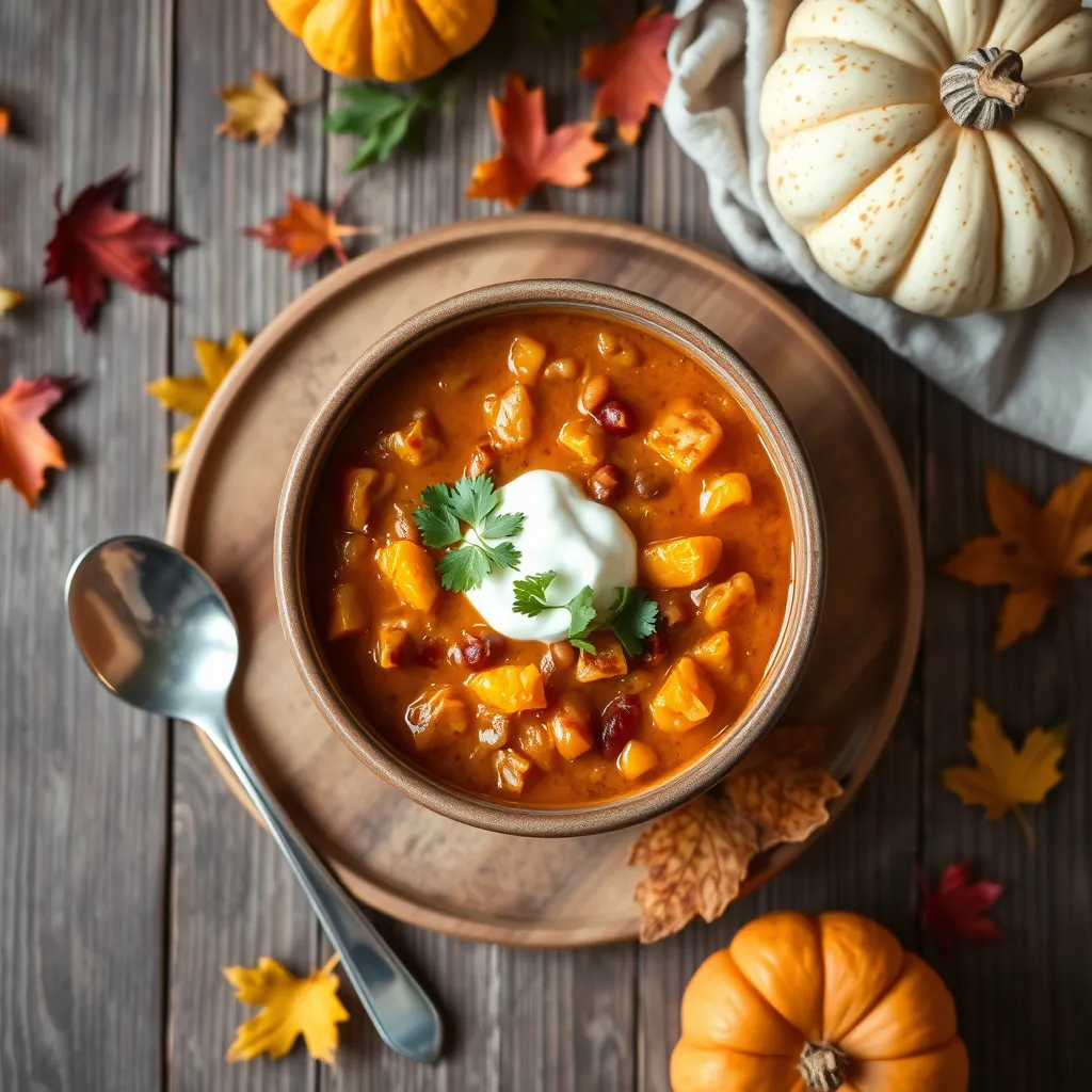 A bowl of pumpkin chili garnished with sour cream and cilantro, surrounded by small pumpkins and fall leaves on a rustic wooden table, showcasing a cozy autumn presentation