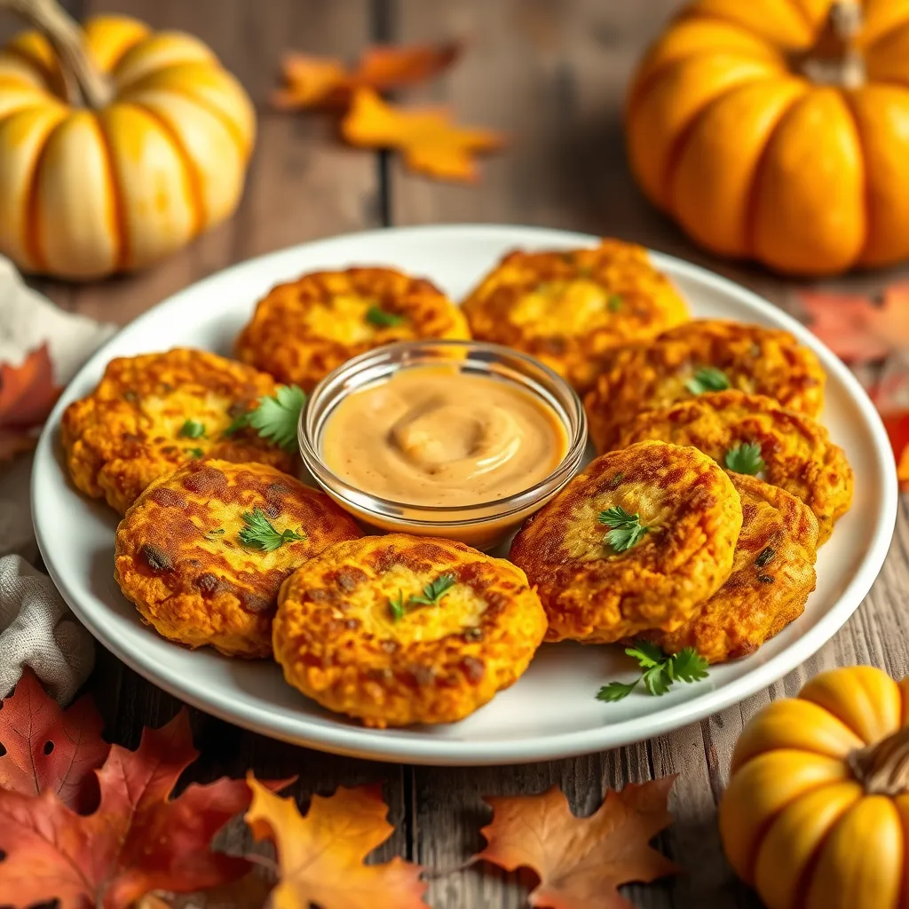 Golden-brown pumpkin fritters served on a white plate with a bowl of dipping sauce, garnished with fresh parsley and surrounded by small pumpkins and autumn leaves