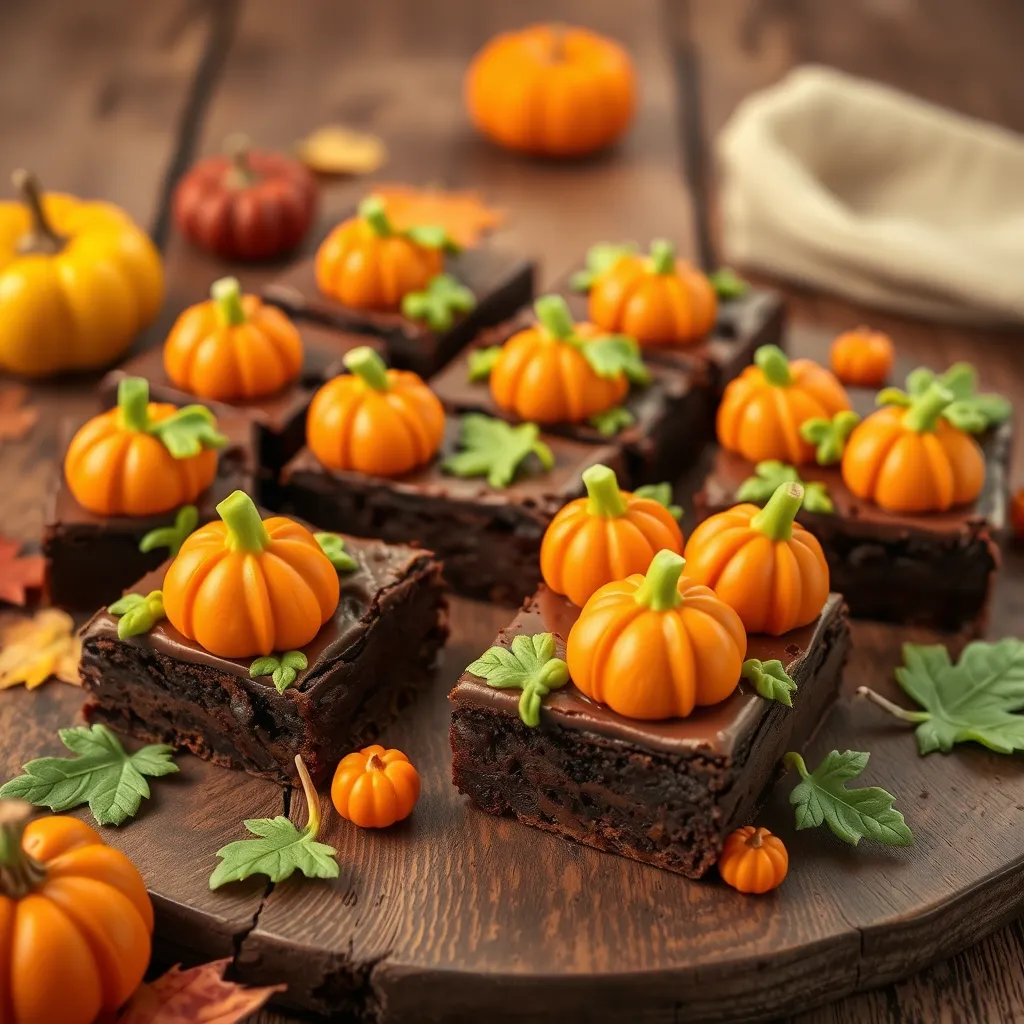 A delicious presentation of Pumpkin Patch Brownies, featuring chocolate brownies topped with orange frosting pumpkins, green frosting vines, and scattered edible candy pumpkins, styled on a rustic wooden table with autumn leaves and small pumpkins for decoration.

