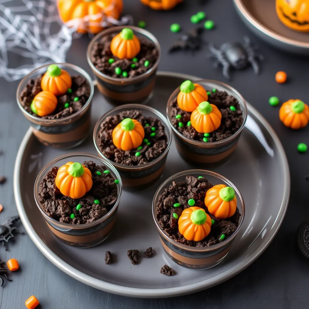 Pumpkin Patch Dirt Cups - A fun and easy Halloween recipe dessert with chocolate pudding, Oreo crumbles, and candy pumpkins, perfect for Halloween parties