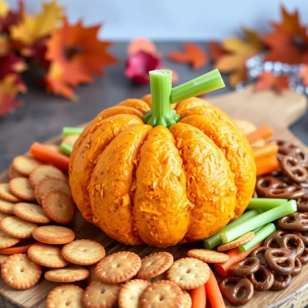 Pumpkin-shaped cheese ball with an assortment of crackers, pretzels, and vegetables on a wooden board, resembling a festive pumpkin centerpiece for Halloween or fall-themed parties