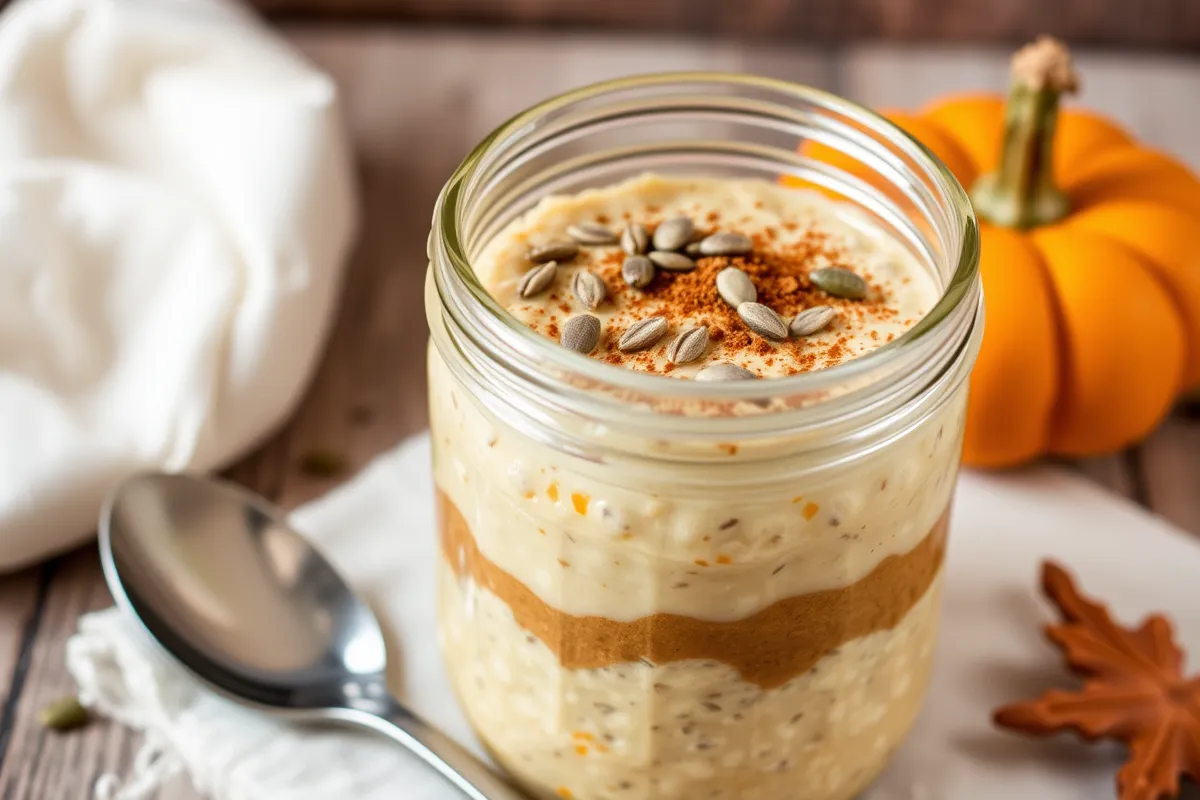 Pumpkin spice overnight oats topped with chia seeds and pumpkin seeds, perfect for a healthy fall breakfast. Cozy and nutritious pumpkin overnight oats recipe