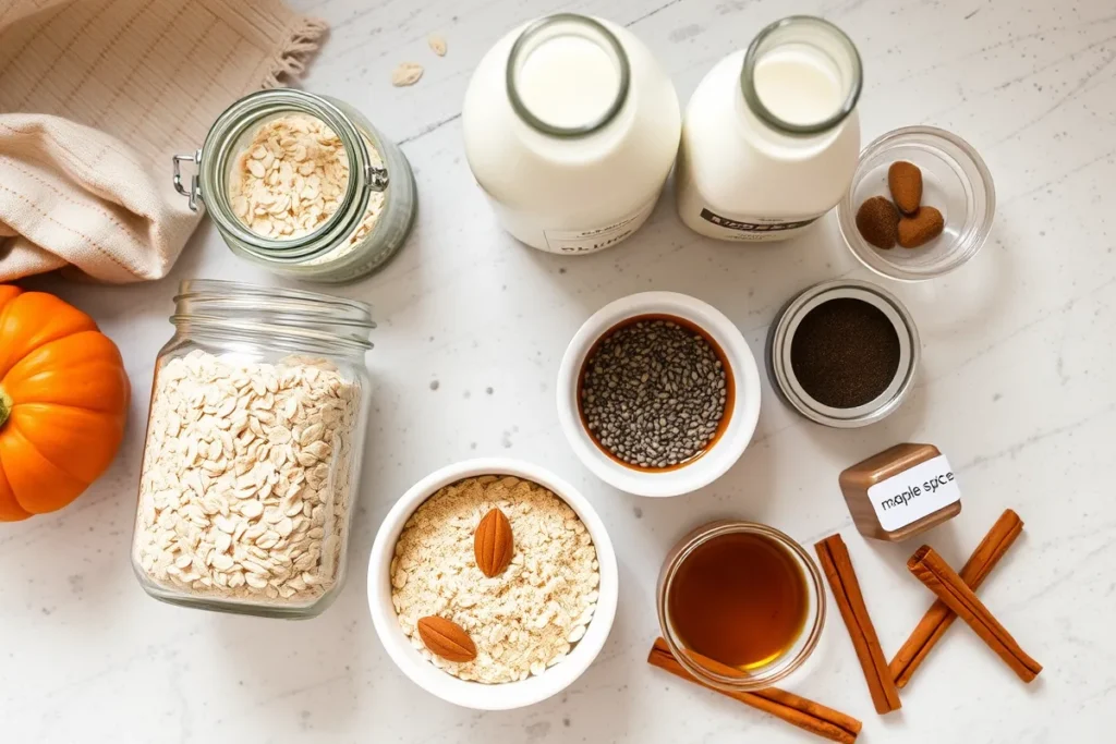 Ingredients for Pumpkin Spice Overnight Oats laid out on a countertop, including oats, pumpkin puree, almond milk, chia seeds, and spices