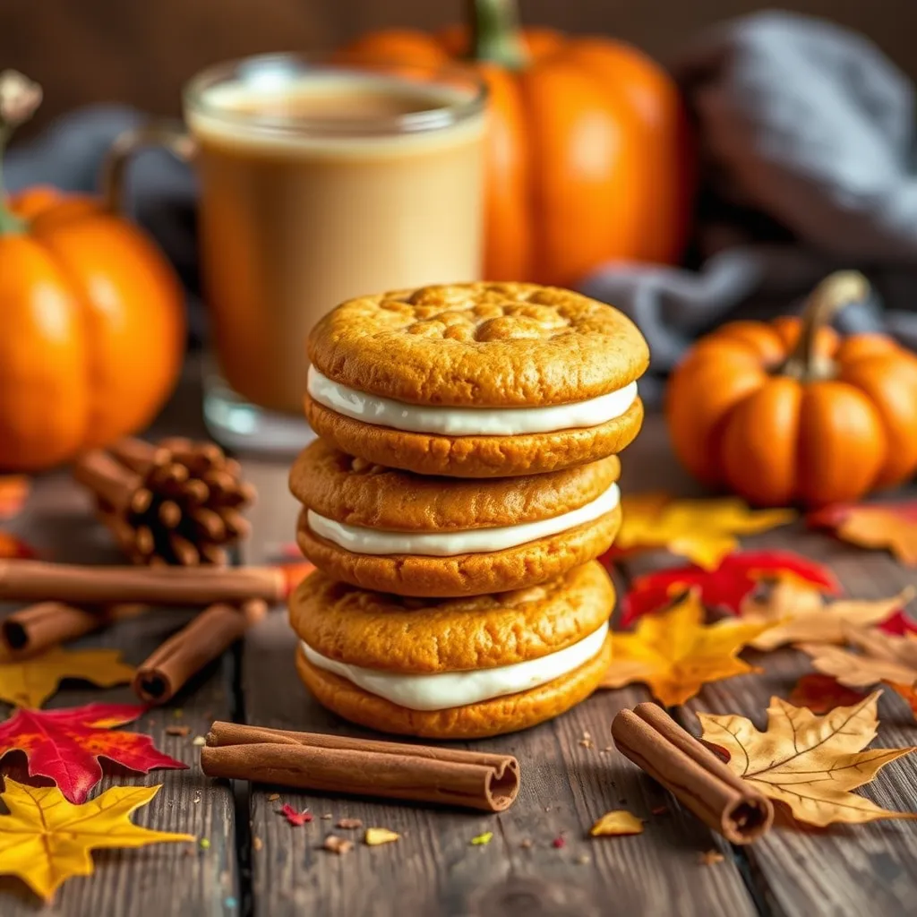 Delicious pumpkin spice whoopie pies on a rustic table, surrounded by autumn leaves and cinnamon sticks, perfect for Halloween recipes