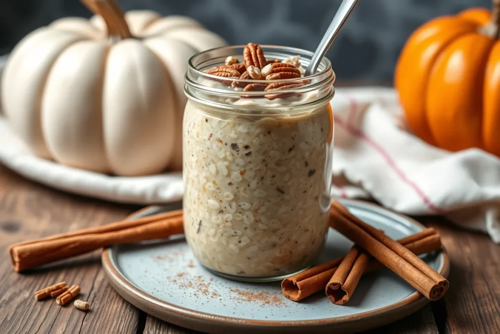 A jar of pumpkin spice overnight oats ready to eat, topped with pecans and cinnamon, showcasing a cozy fall-inspired breakfast.