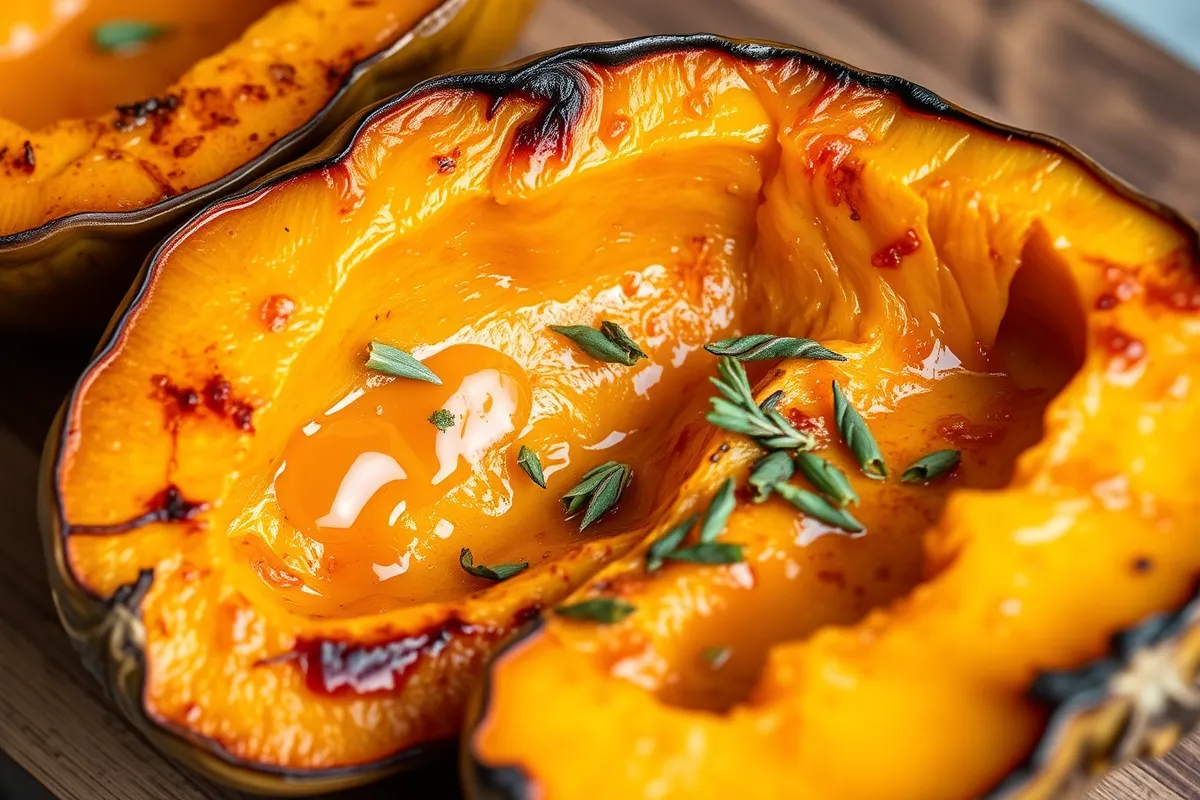 Golden-brown roasted honeynut squash with honey glaze and fresh thyme on a wooden board – a cozy fall recipe