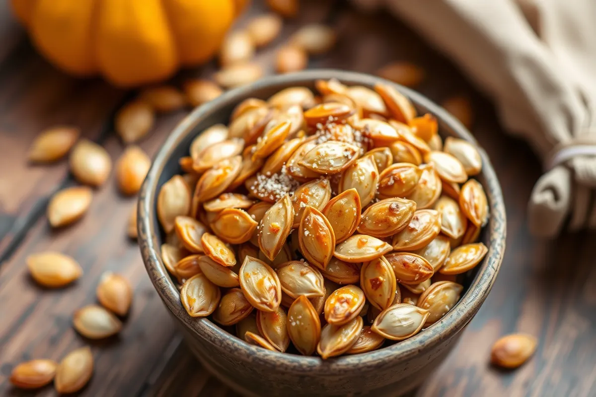 Roasted pumpkin seeds seasoned and served in a rustic bowl, perfect for a crunchy snack, with a warm autumn color theme