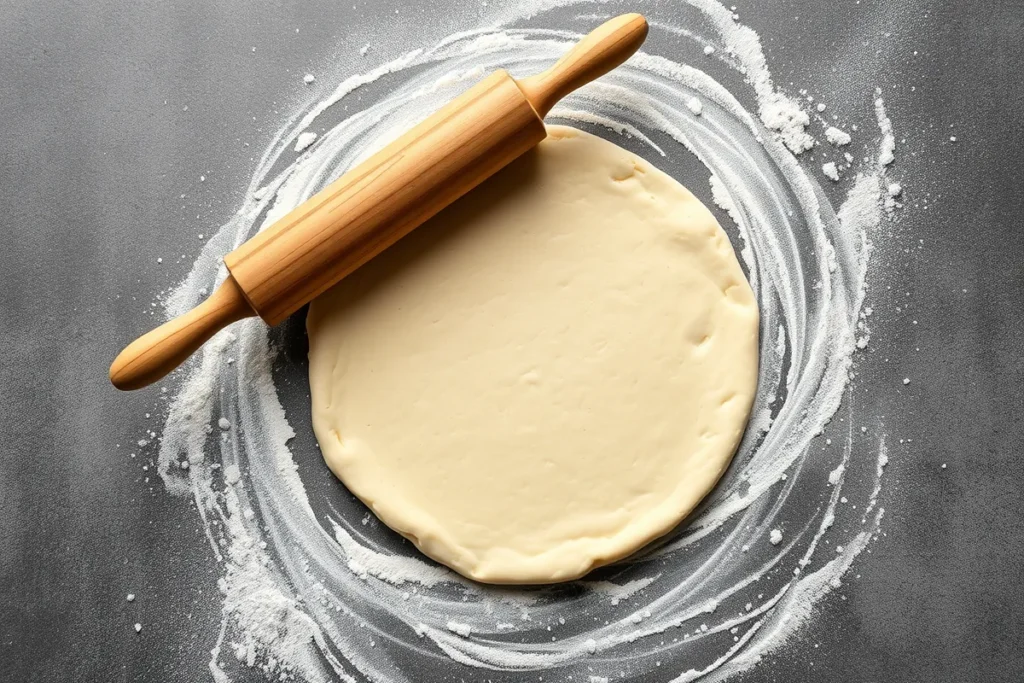 Rolling out the pizza dough into a round base for the Bee Sting Spicy Pizza