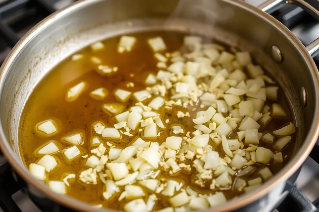 Diced onions and minced garlic sautéing in a pot, creating a fragrant base for Monster Mash Soup Recipe