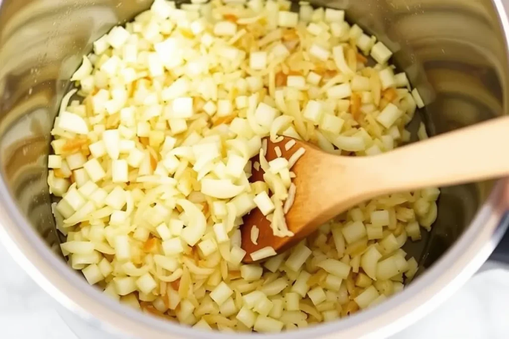 Onions and garlic being sautéed in an Instant Pot, creating the base for Chicken Paprikash