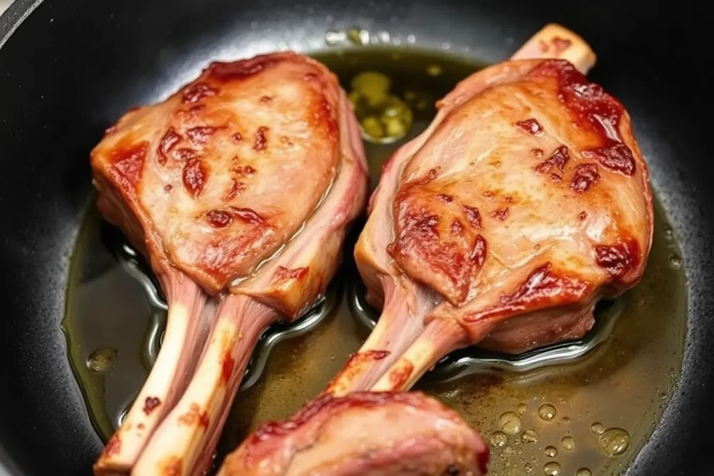 Lamb shanks searing in a skillet with olive oil, creating a golden crust for Slow Cooked Lamb Shanks