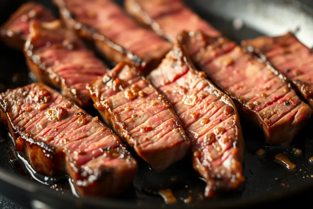 Ribeye steak strips cooking for an authentic Philly cheesesteak recipe