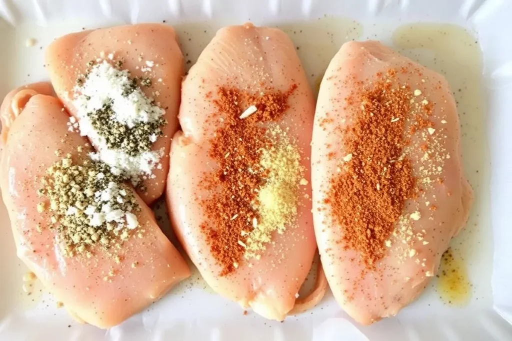 Season the chicken breasts with salt, pepper, paprika, and garlic powder, ensuring each piece is evenly coated.

