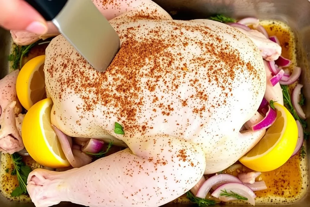 Turkey being seasoned with spices and stuffed with onions, lemon wedges, and fresh herbs to enhance flavor