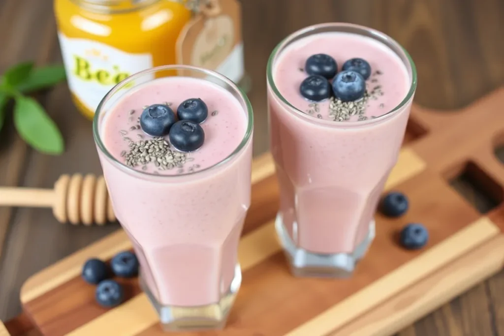 Garnished Bee’s Breakfast Buzz Smoothie with chia seeds and blueberries, ready to serve.