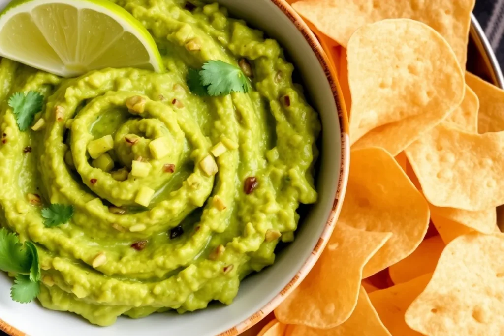 A vibrant bowl of fresh guacamole garnished with cilantro and lime wedges, served with crispy tortilla chips.