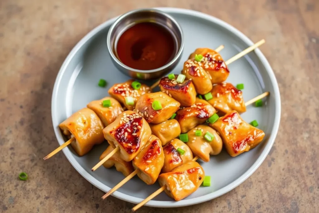 Finished honey garlic chicken skewers garnished with sesame seeds and green onions, served with a bowl of dipping sauce