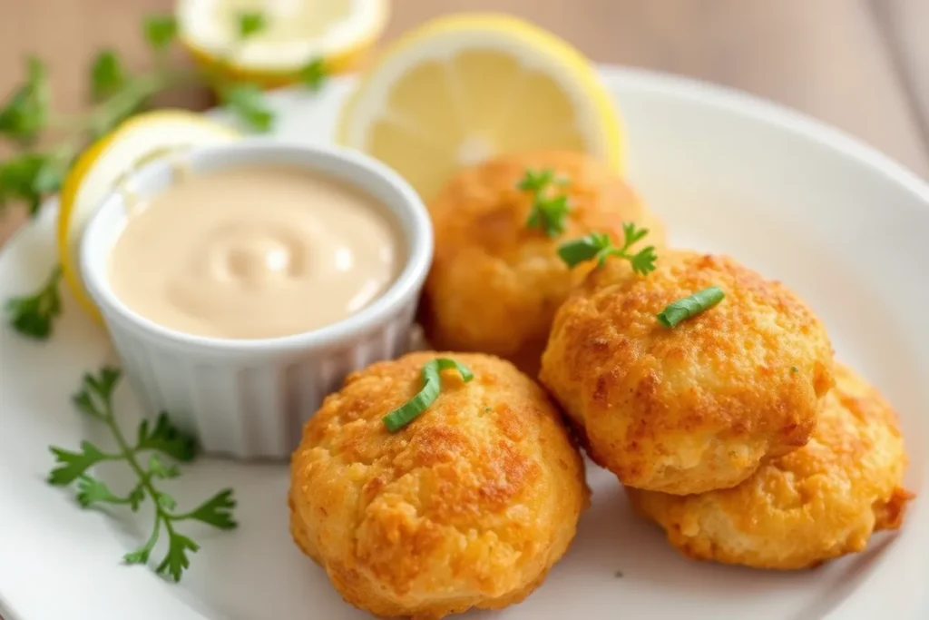 Golden salmon croquettes served on a white plate with fresh herbs and a side of dipping sauce